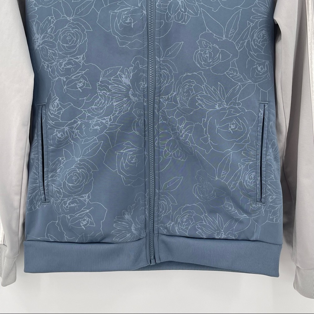 Adidas Zip Up Jacket Blue Floral Gray Sleeves with White Stripes Womens Small - Picture 4 of 15
